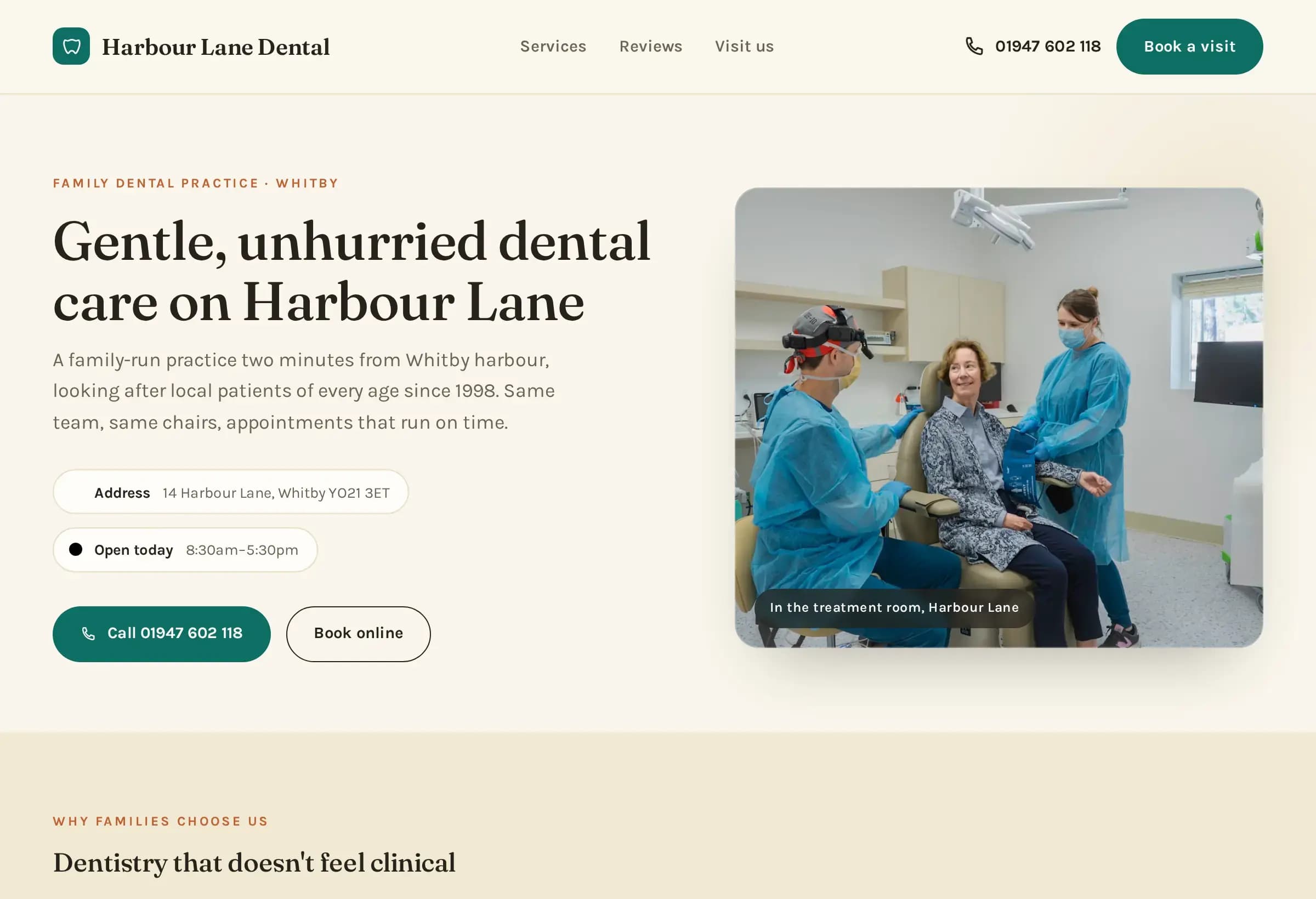 A finished website built for a dental practice, shown in a browser